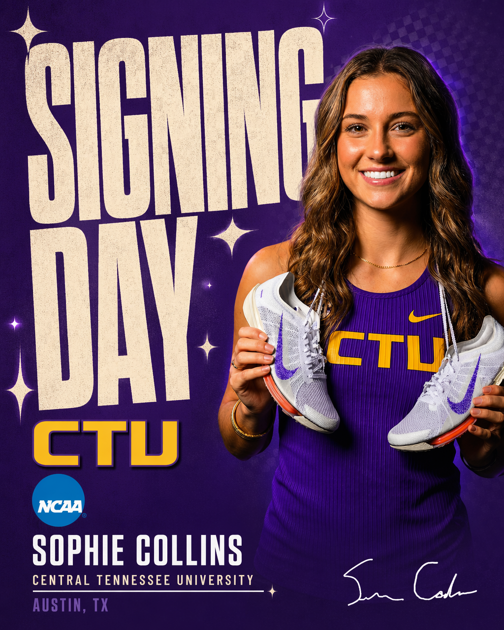 Cover Story sample edit with massive vertical retro headline, cream sparkles, and studio-lit athlete cutout on a flat school-color backdrop