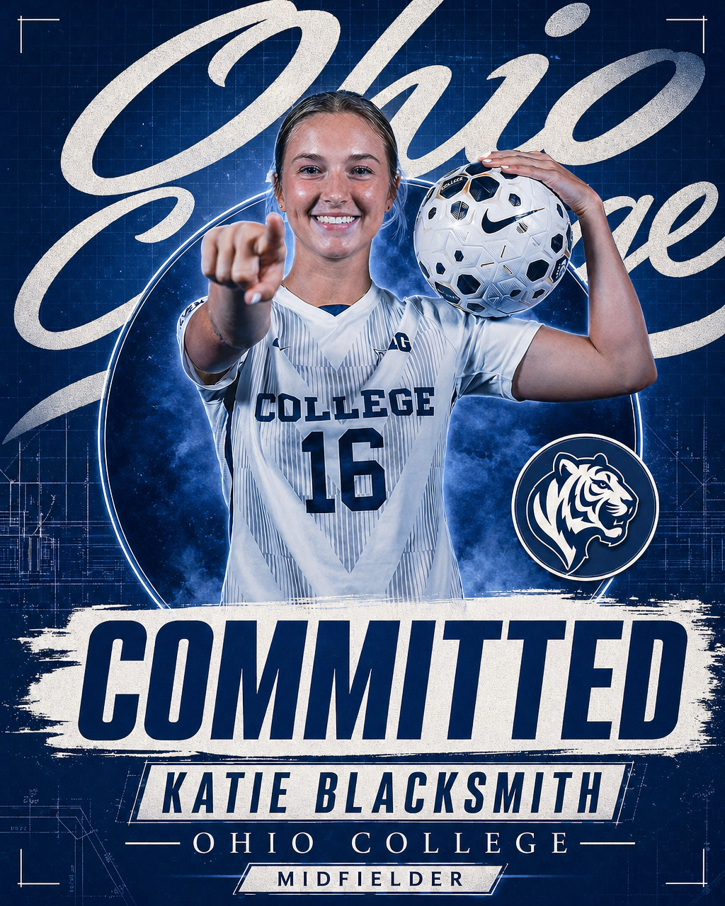 Drafted Greatness sample edit with photoreal athlete inside a circular frame, sweeping cursive school name script behind, and faded blueprint grid accents